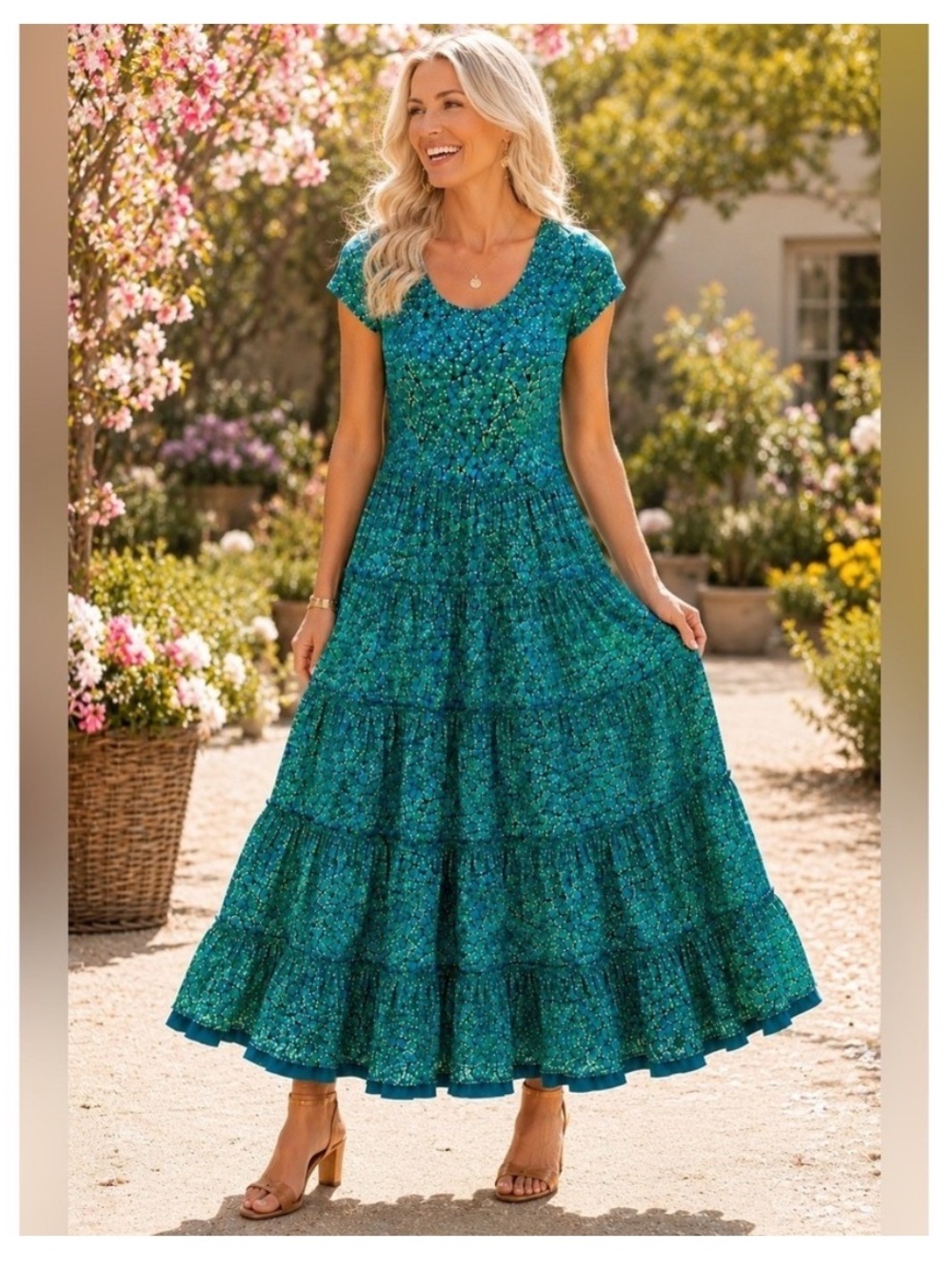 Soft Surroundings Mariana Dress XL Green Blue Mosaic Tiered Rayon Maxi